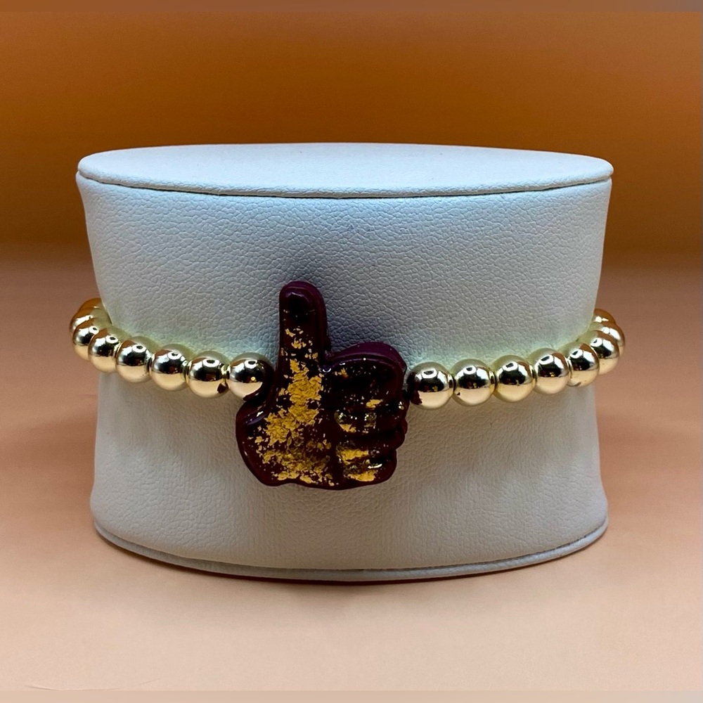 GOLD BEADED Bracelet with Maroon Texas A&M Gig em Charm; 14 K Gold filled; NEW